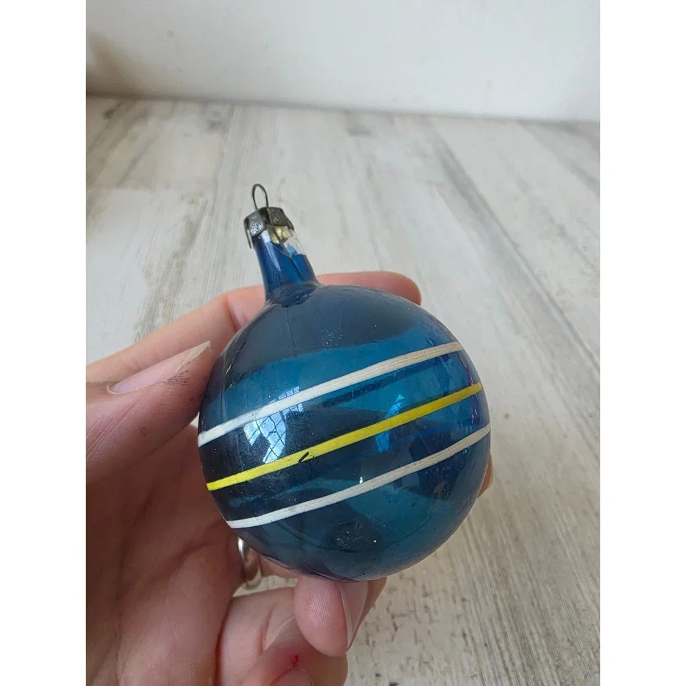 Vintage premier unsilvered blue striped glass ornament Xmas tree yellow white